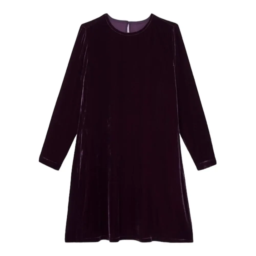 Eileen Fisher NWOT Velvet Crew Neck Dress Size S Purple Silk Blend Pockets Shift - Picture 4 of 12